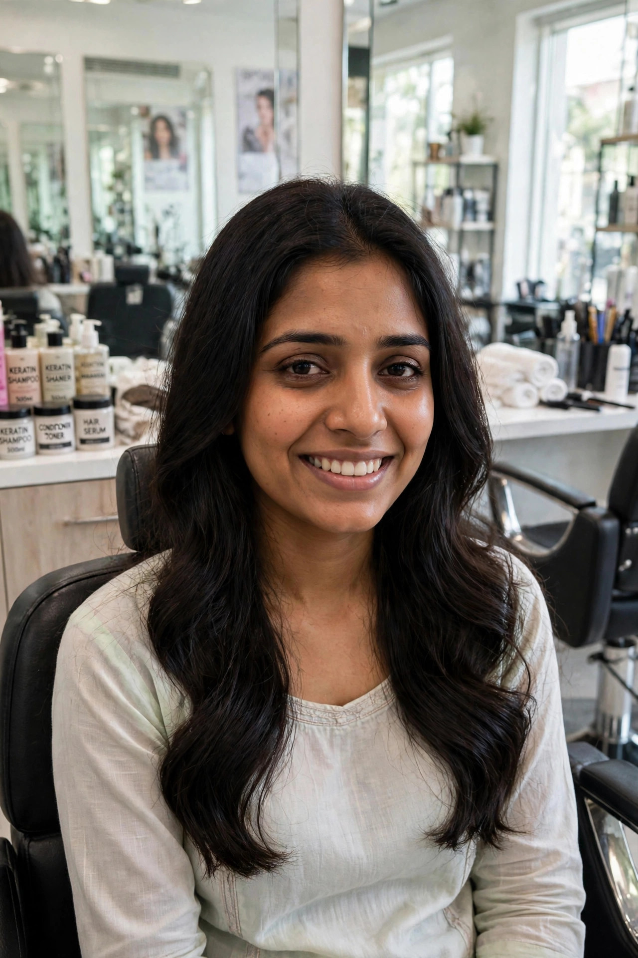 Same woman with smooth silky hair and glowing skin after treatment