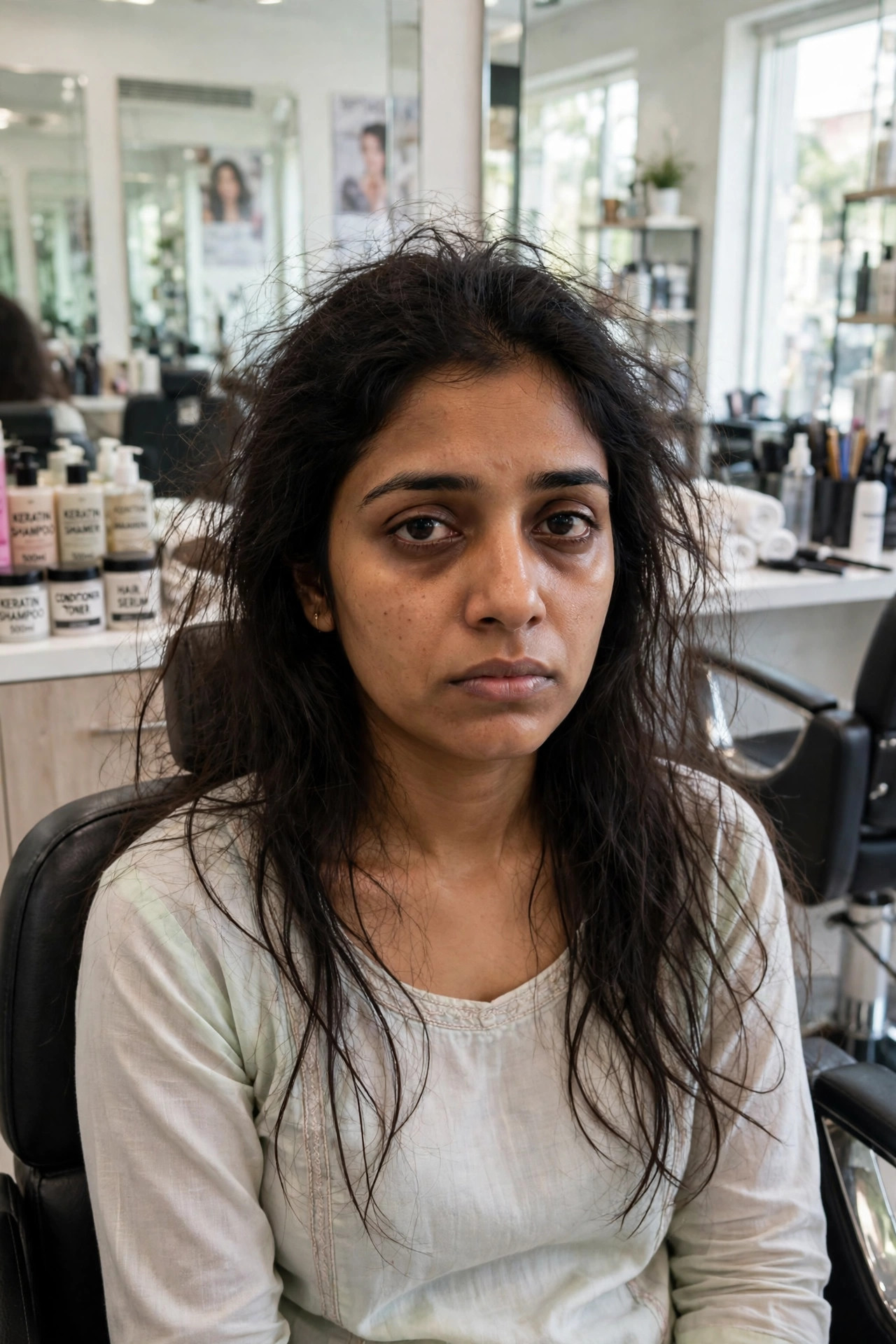 Woman with frizzy damaged hair and dull skin before treatment